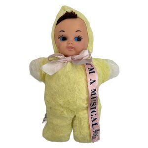Vintage Mary Meyer Rubber Face Baby Doll Plush Yellow Musical Antique Lullabye